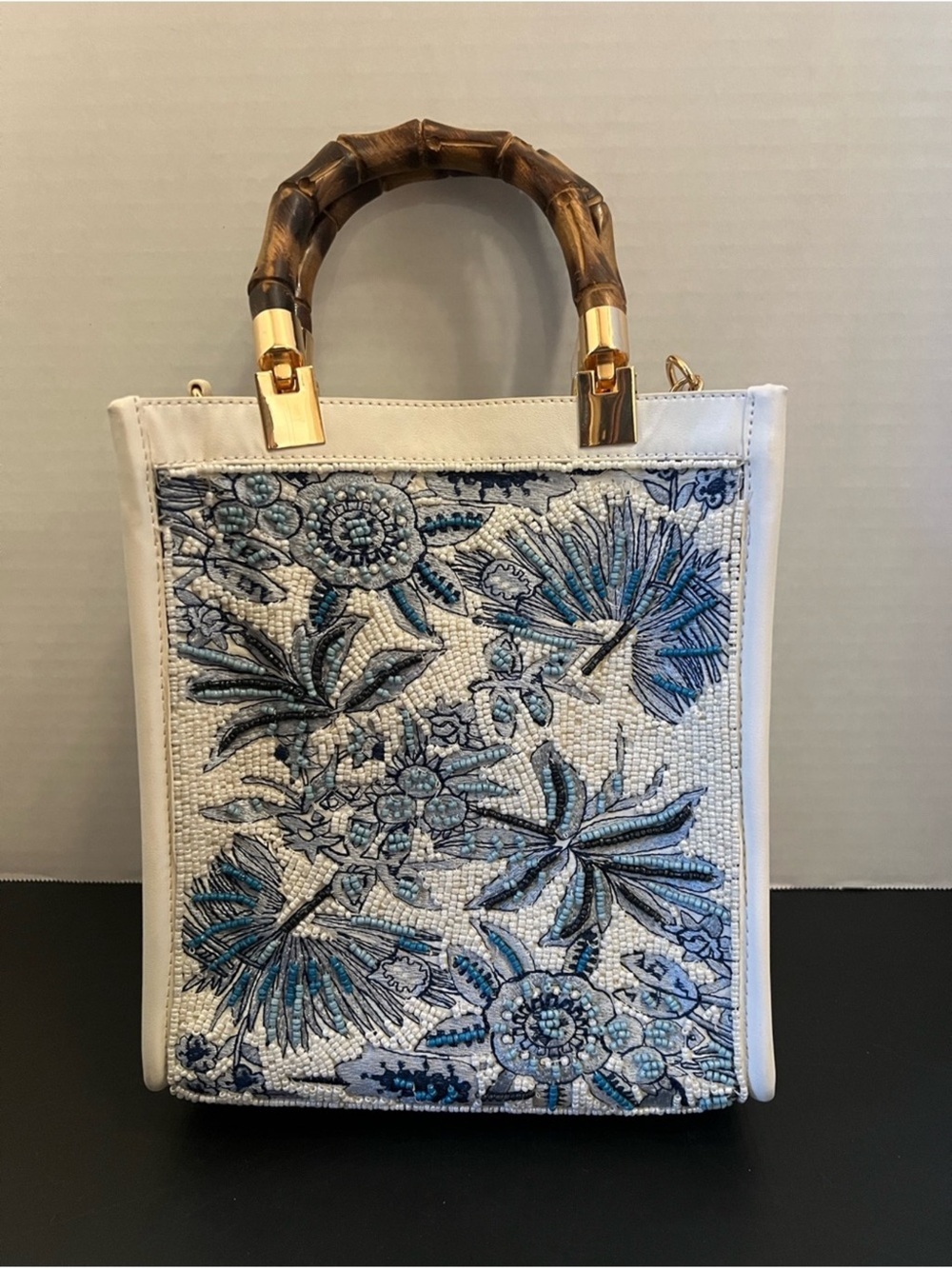White Floral Embroidered Tote with Bamboo Handles